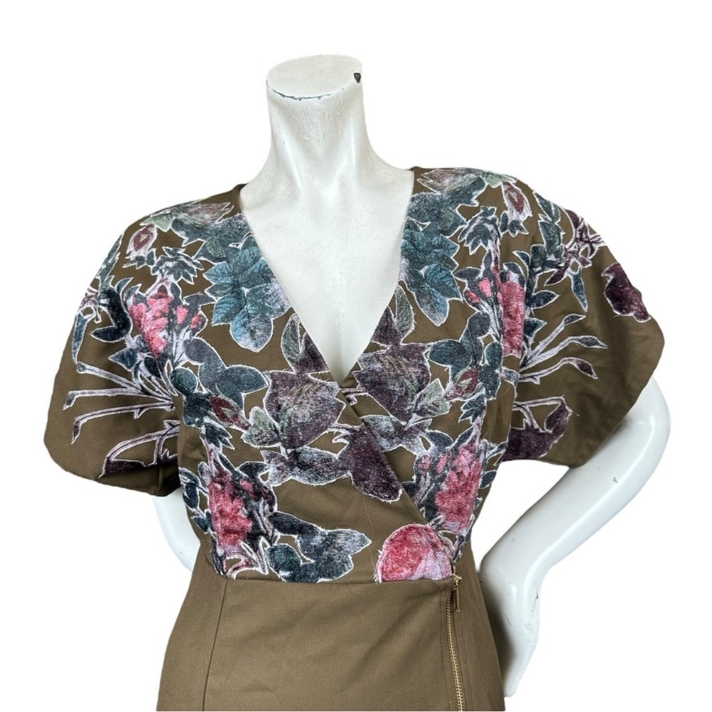 Anthropologie Hemant + Nandita Olive Green & Velvet Floral Short Sleeve Dress 6 - Picture 3 of 14